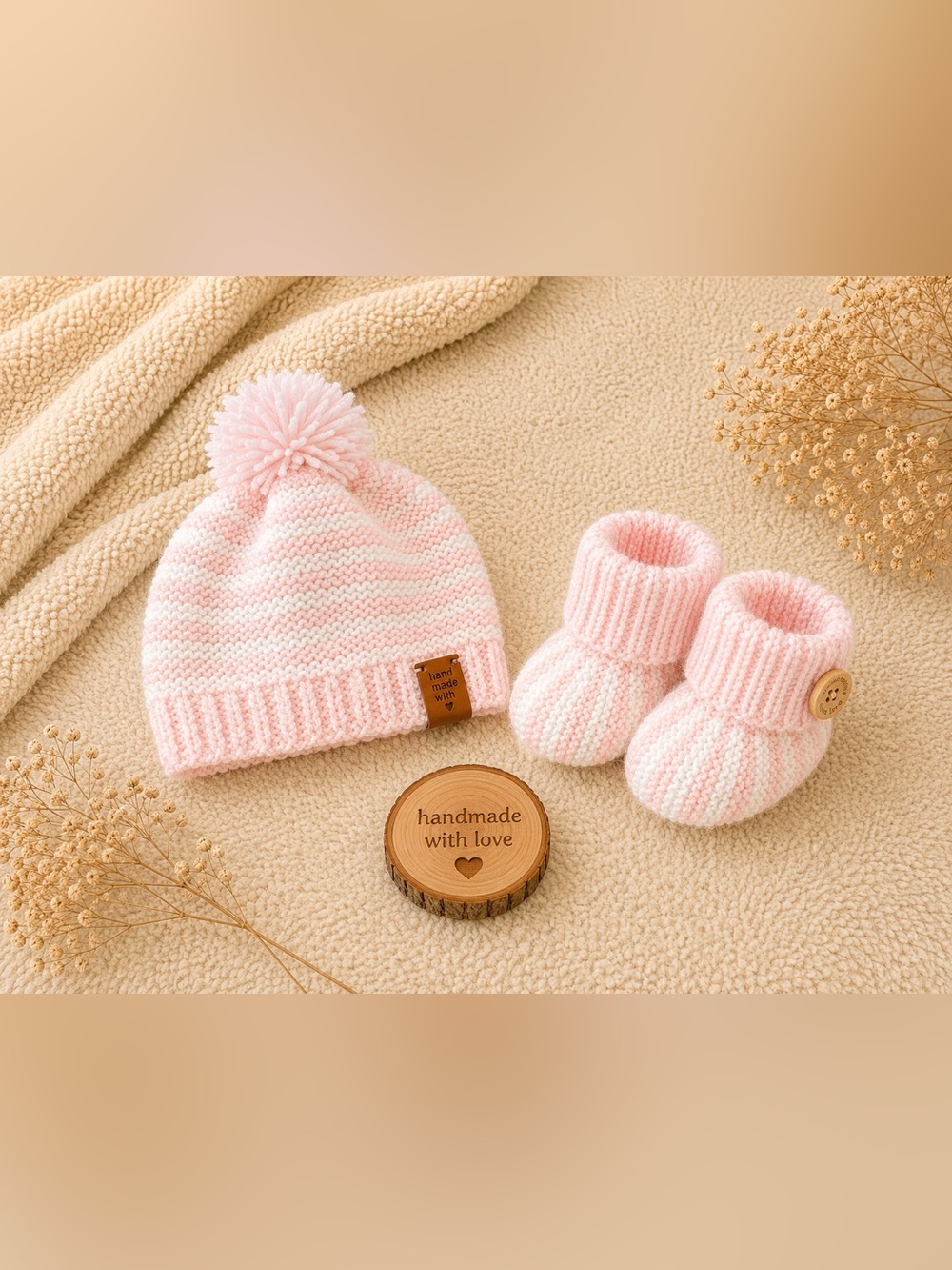Handmade Pink Striped Baby Beanie & Booties Set
